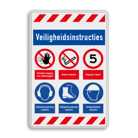 Veiligheidsbord met veiligheidsinstructies PBM en 6 pictogrammen