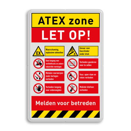 Veiligheidsbord voor ATEX zone, melden voor betreden | 8 pictogrammen