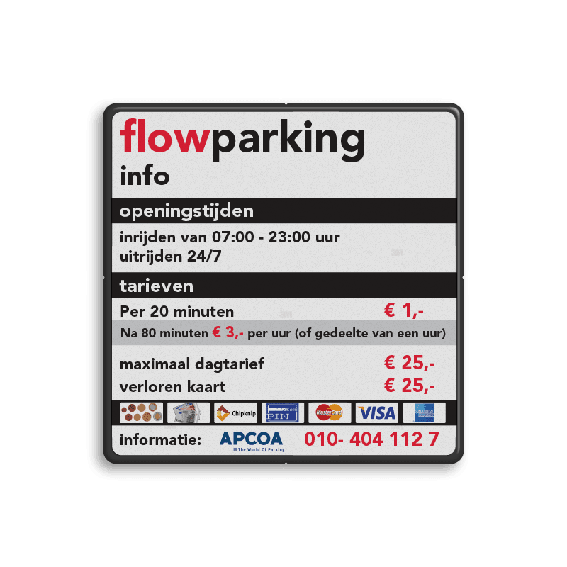 Vierkant informatiebord met parkeerinformatie in huisstijl