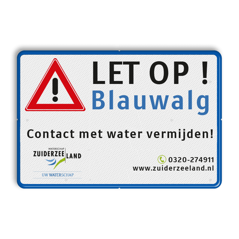 Informatiebord met waarschuwing voor Blauwalg met logo
