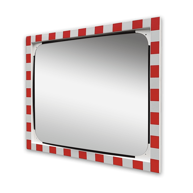 Miroir extérieur industriel en verre de sécurité 1000 × 800 mm – cadre rouge/blanc