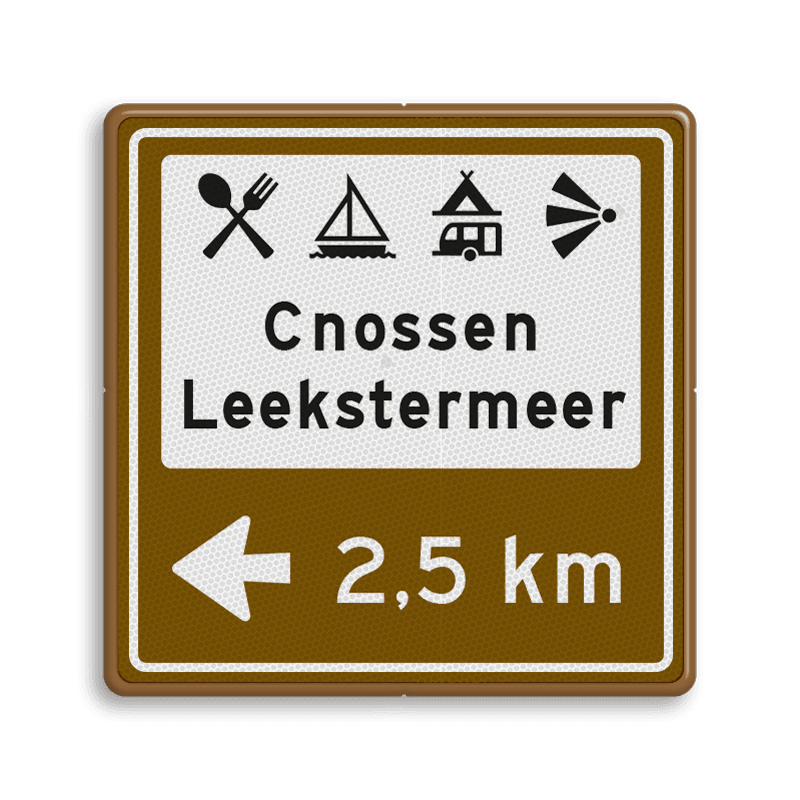 Toeristisch bewegwijzeringsbord met pictogrammen en pijl naar wens