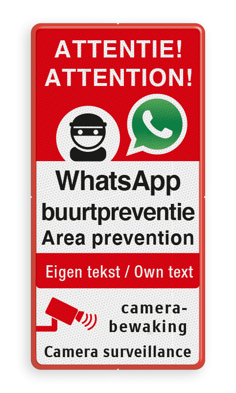 Tweetalig WhatsApp Buurtpreventie bord met camerabewaking
