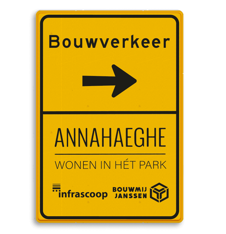 Geel routebord Bouwverkeer met pijl en zwarte tekst en logo's