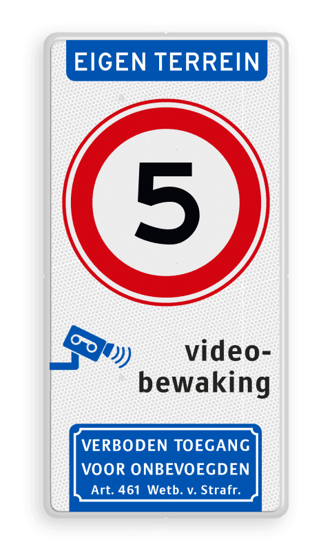 Verkeersbord A01-05 met videobewaking en Wetboek