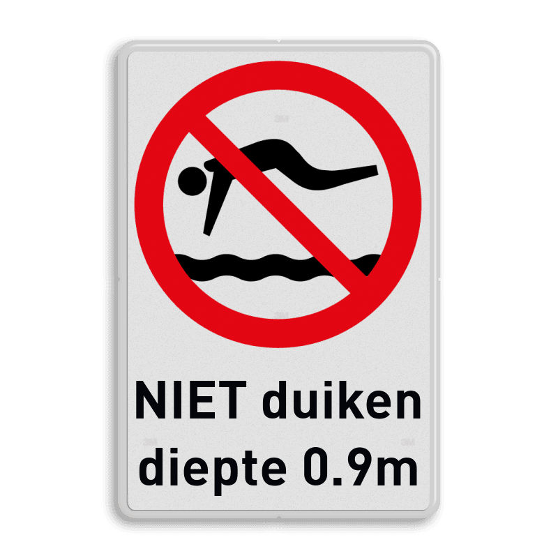 Verbodsbord met tekst en symbool verboden te duiken i.v.m. ondiep water