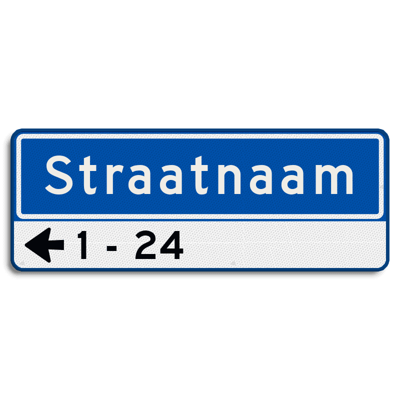 Straatnaambord 11 karakters 800x300mm 1 regelig + pijl en huisnummers NEN 1772