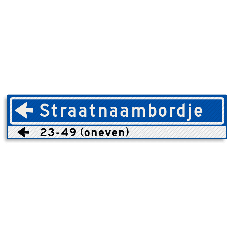 Straatnaambord KOKER 1000x200mm - max. 18 karakters - huisnummers en pijl links - NEN1772