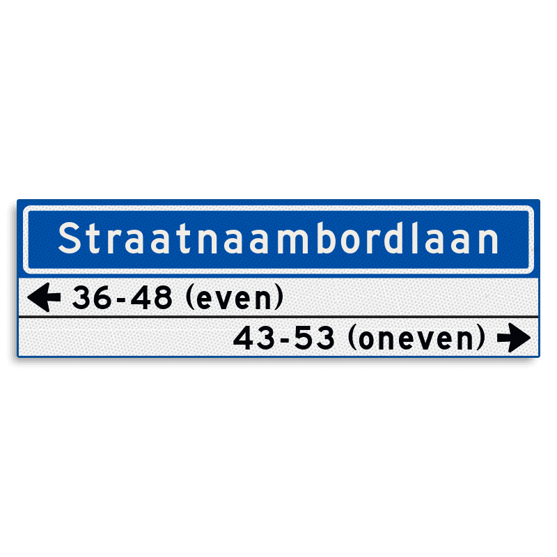 Straatnaambord KOKER 1000x300mm - max. 18 karakters - met 2 regels huisnummers - NEN1772