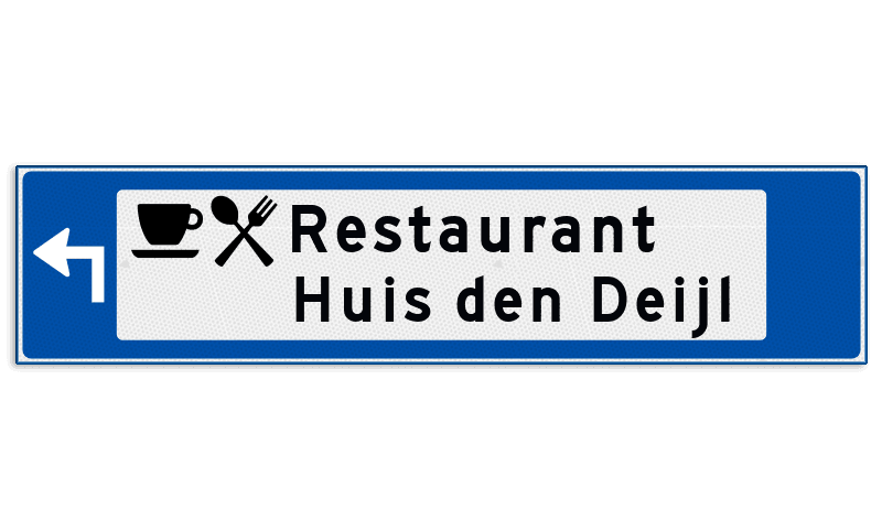 Verwijsbord object (blauw) - met 2 pictogrammen, 2 regel tekst en pijl