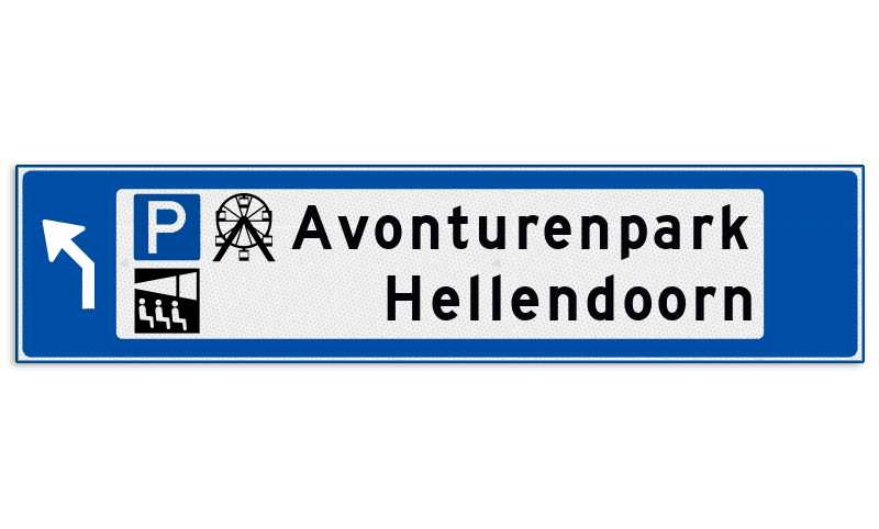 Verwijsbord object (blauw) - met 3 pictogrammen, 2 regel tekst en pijl