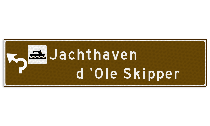 Verwijsbord toeristisch (bruin) - met 1 pictogram, 2 regels tekst en pijl