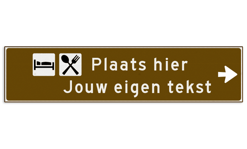 Verwijsbord toeristisch (bruin) - met 2 pictogrammen, 2 regels tekst en pijl