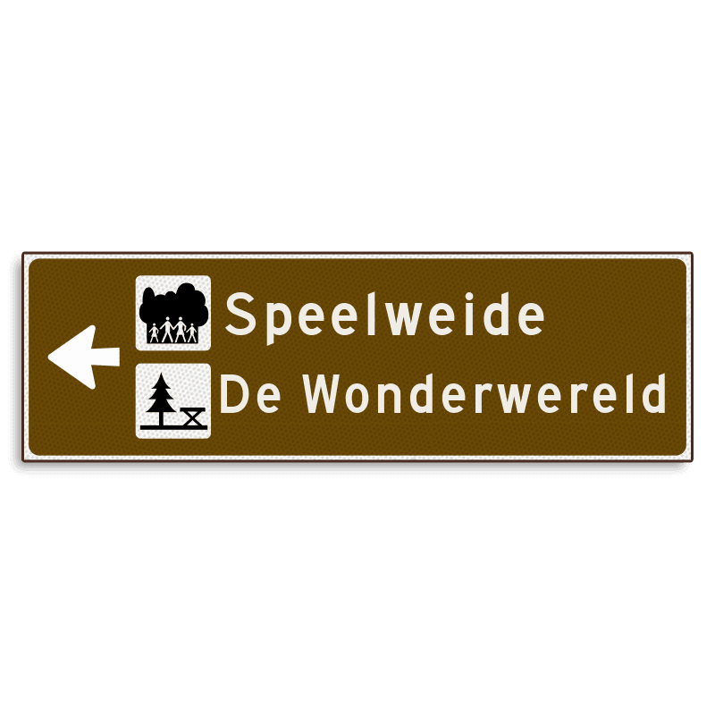 Verwijsbord KOKER Bruin/wit/zwart - pijl links, 2 regelig met 2 pictogrammen - Klasse 3 reflecterend