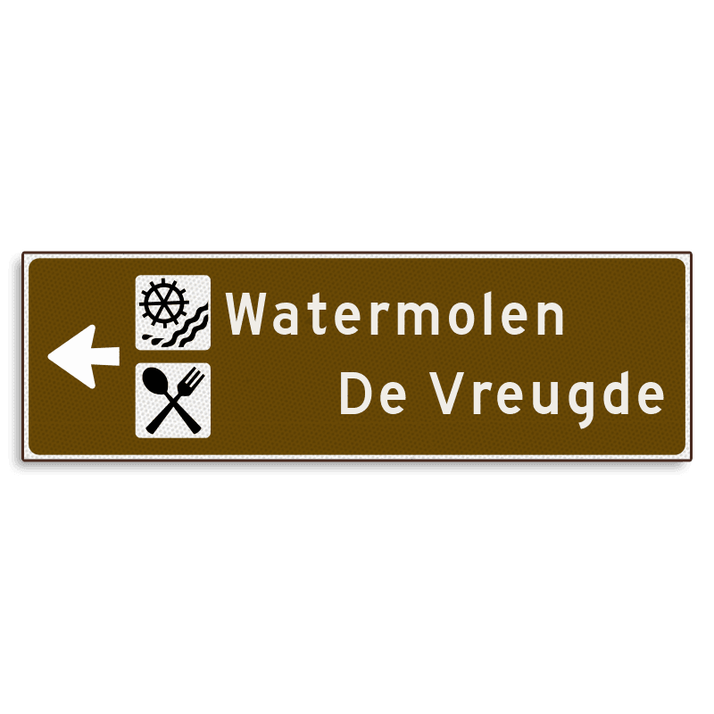 Verwijsbord KOKER Bruin/wit/zwart - pijl links, 2 regelig met 2 pictogrammen - Klasse 3 reflecterend