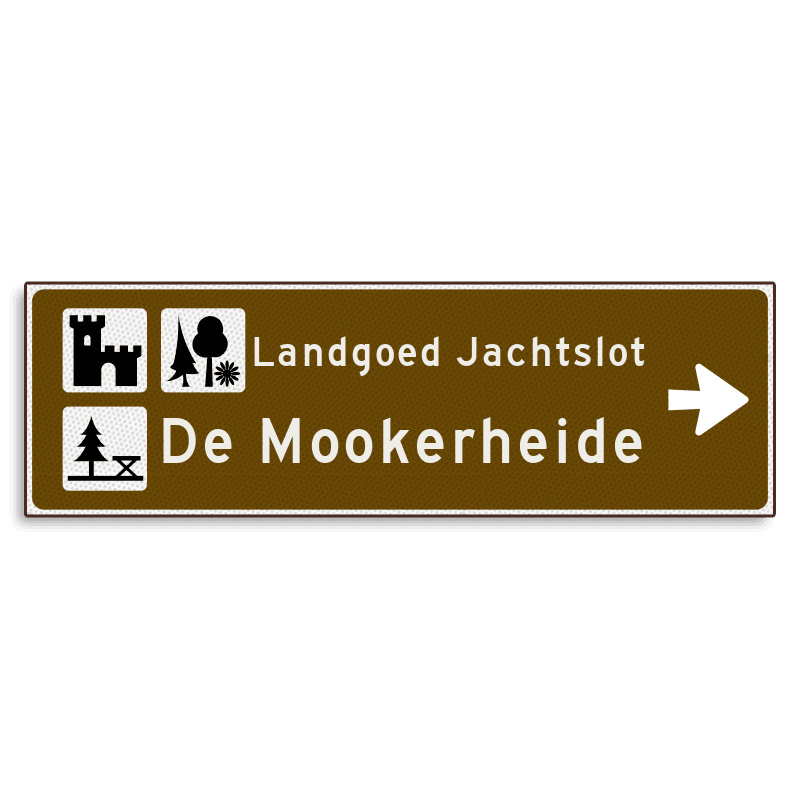 Verwijsbord KOKER Bruin/wit/zwart - pijl rechts, 2 regelig met 3 pictogrammen - Klasse 3 reflecterend