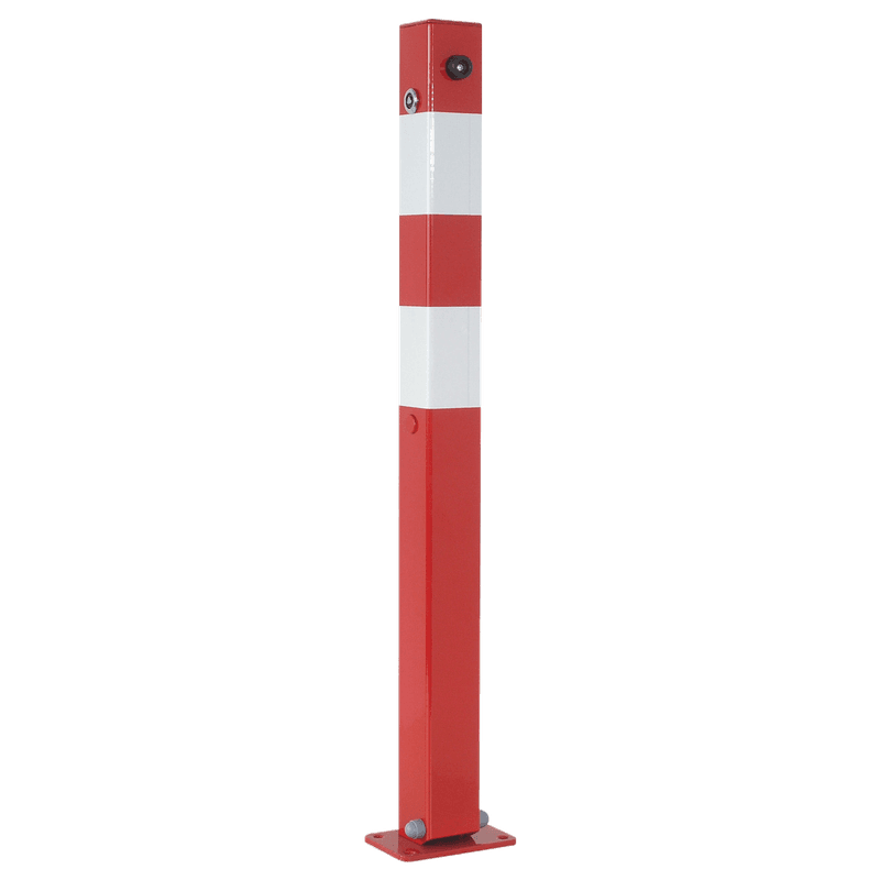Parkeerpaal 70x70mm rood wit - neerklapbaar met bodemmontage - 8mm driekantslot