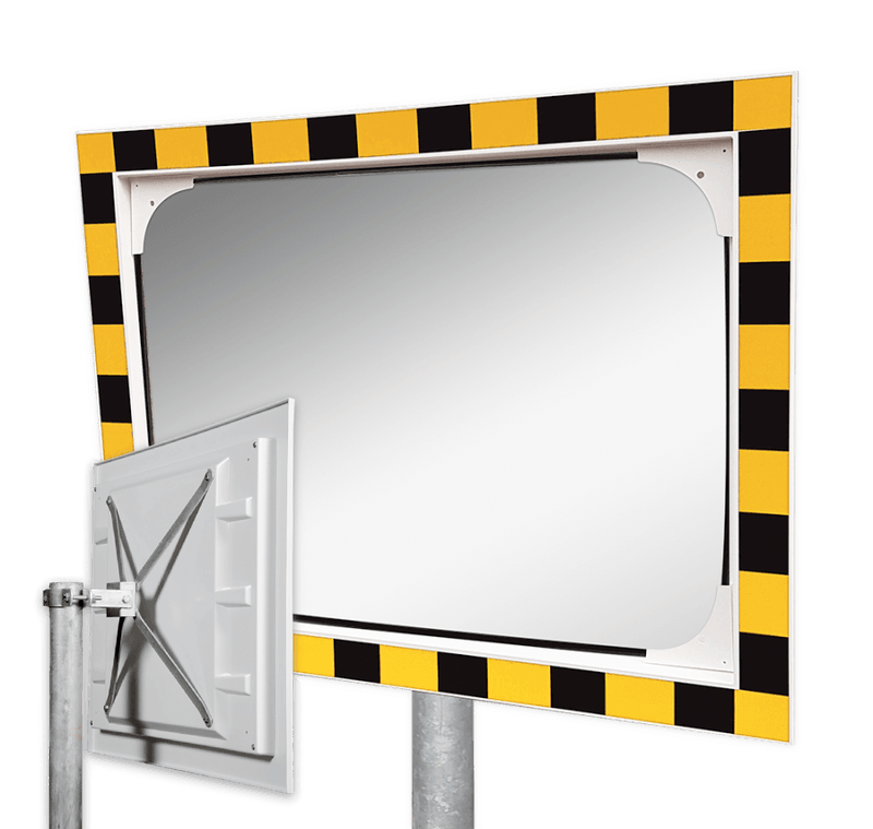 Miroir industriel rectangulaire en acrylique 800 x 600 mm avec cadre jaune/noir