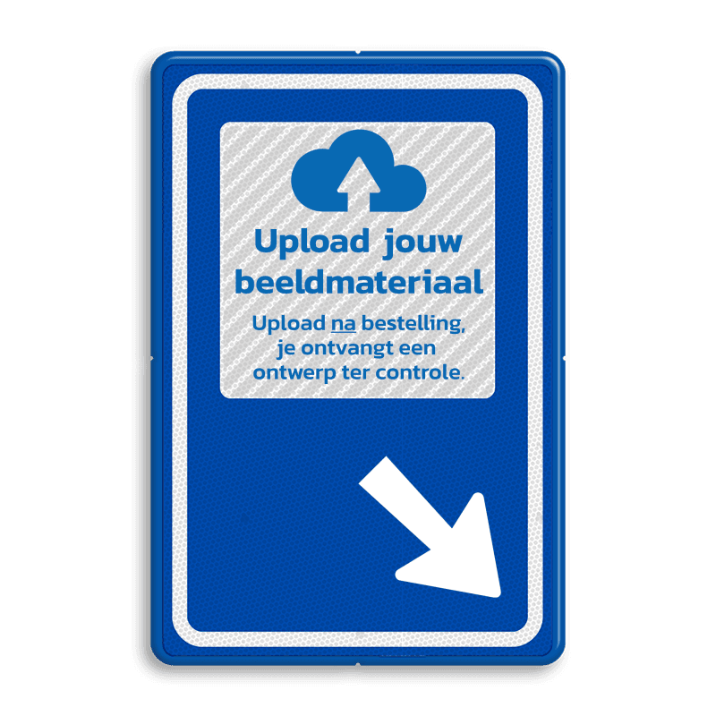 Blauw verkeersbord met logo en pijl