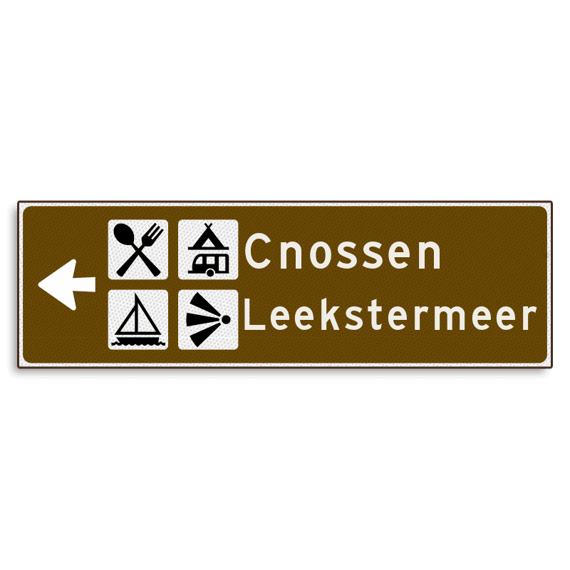 Verwijsbord KOKER Bruin/wit/zwart met pijl links, 2 regelige tekst en 4 pictogrammen