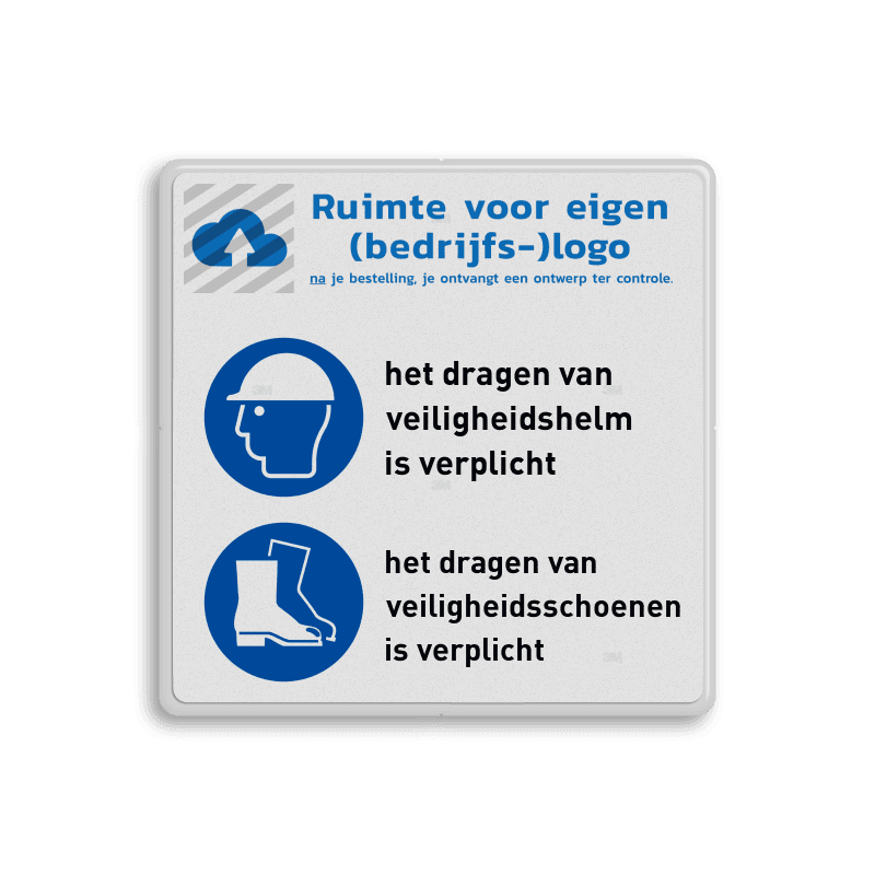 Veiligheidsbord met veiligheidsinstructies | Veiligheidshelm en schoenen zijn verplicht