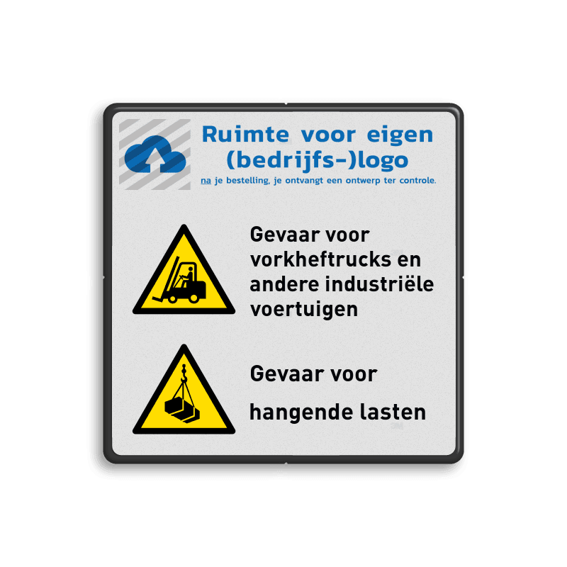 Waarschuwingsbord Gevaar voor heftrucks en hangende lasten - met (bedrijfs-)logo