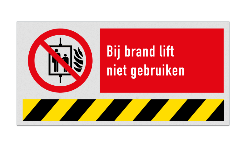 Brand bord met pictogram en tekst Busslang Bij brand lift niet gebruiken