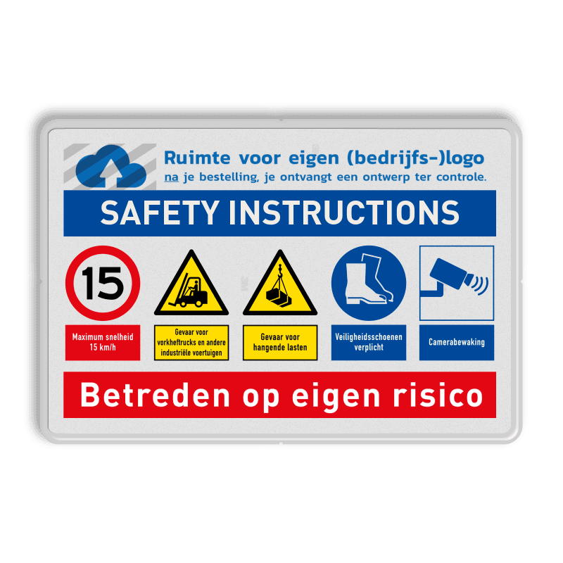 Veiligheidsbord met SAFETY INSTRUCTIONS en bedrijfslogo