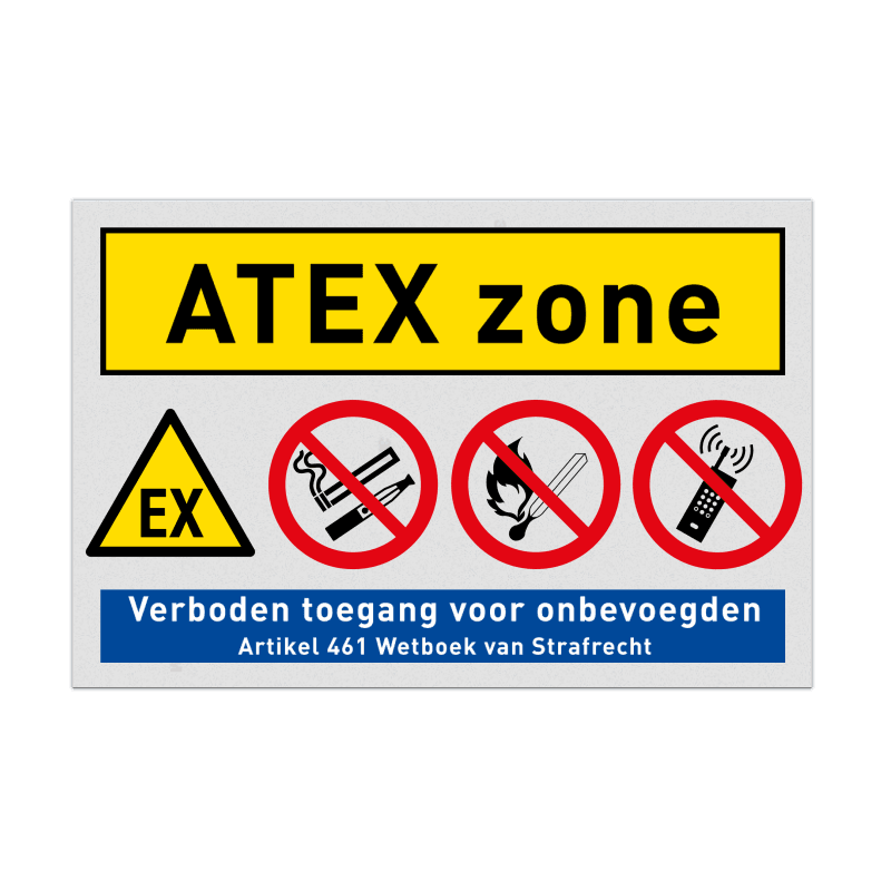 Veiligheidsbord ATEX zone Waarschuwing voor ontploffingsgevaar met verbodspictogrammen
