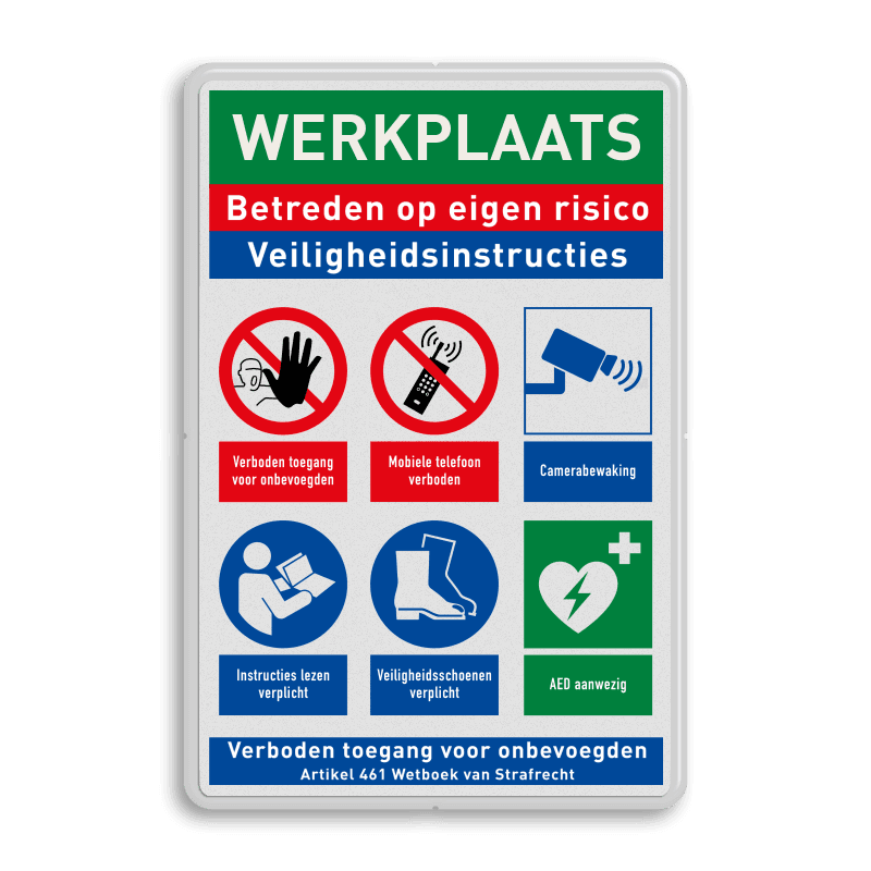 Veiligheidsbord voor werkplaats met veiligheidsinstructies en PBM pictogrammen