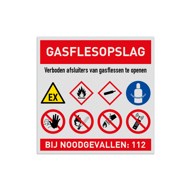 Veiligheidsbord gasfles opslag met tekst en symbolen - reflecterend
