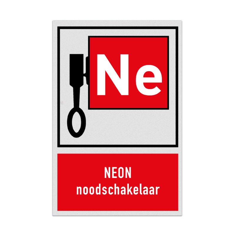 Bord met pictogram en tekst Locatie Neon Noodschakelaar