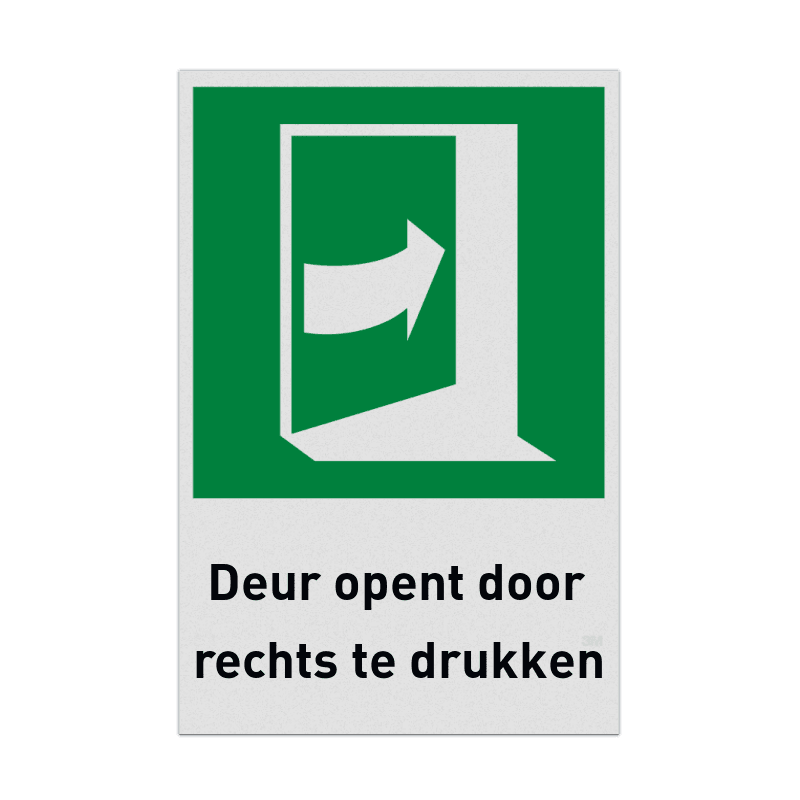 Nooduitgangbord met pictogram en tekst Deur opent door rechts te drukken