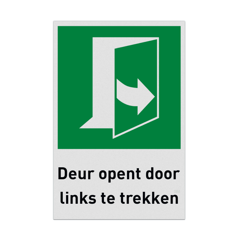 Nooduitgangbord met pictogram en tekst Deur opent door links te trekken