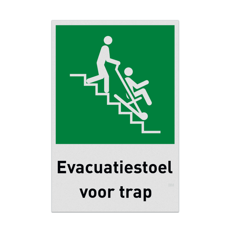 Vluchtroutebord met pictogram en tekst Evacuatiestoel voor trap