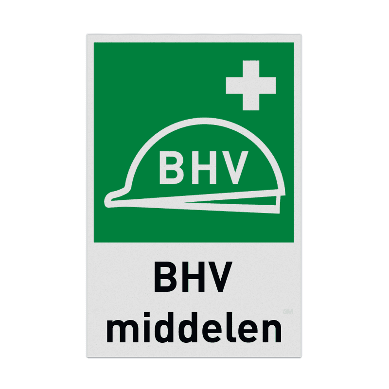 Reddingsmiddelenbord met pictogram en tekst BHV middelen, post en helm