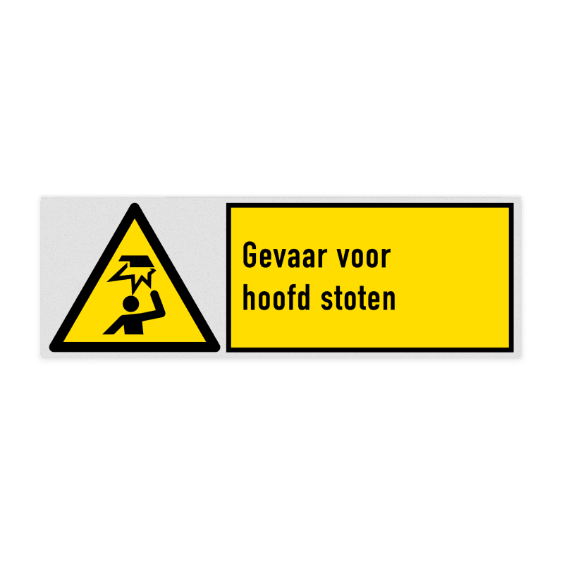 Veiligheidsbord met pictogram en tekst Gevaar voor hoofd stoten