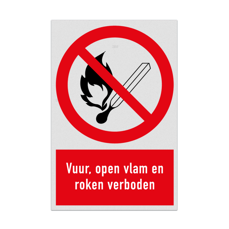 Verbodsbord met pictogram en tekst vuur, open vlam en roken verboden - reflecterend