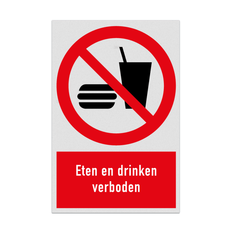 Verbodsbord met pictogram en tekst Eten en drinken verboden