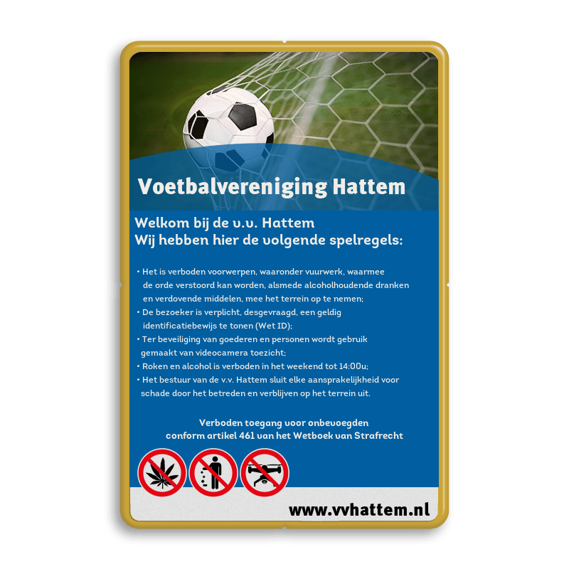 Huisregelbord voetbalveld of sportclub + full colour opdruk