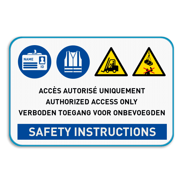 Panneau de sécurité trilingue avec 4 pictogrammes, votre texte et SAFETY INSTRUCTION
