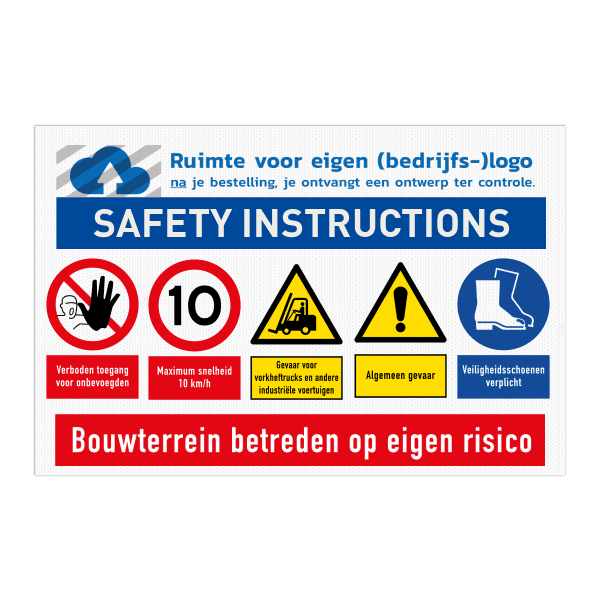 Veiligheidsbord met SAFETY INSTRUCTIONS en bedrijfslogo