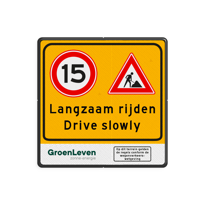 Verkeersbord langzaam rijden wegwerkzaamheden - reflecterend + logo