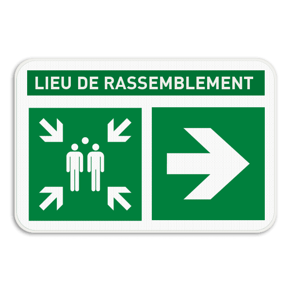 Panneau de point de rassemblement avec texte et flèche - E007