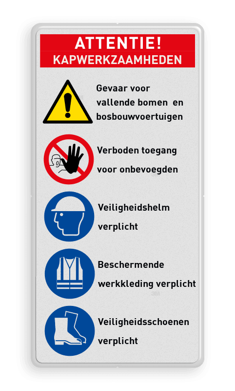 Veiligheidsbord met ATTENTIE werkzaamheden met 5 pictogrammen