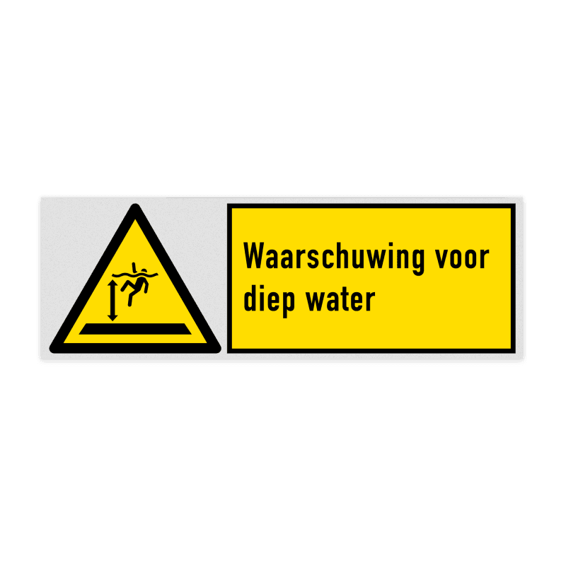 Veiligheidsbord met pictogram en tekst Waarschuwing voor diep water