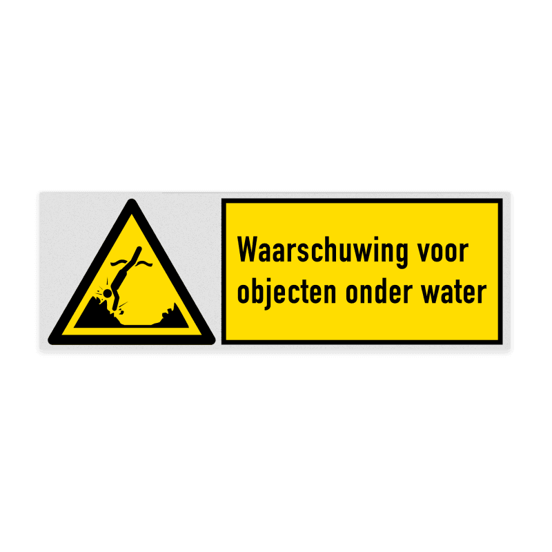 Veiligheidsbord met pictogram en tekst Waarschuwing voor objecten onder water