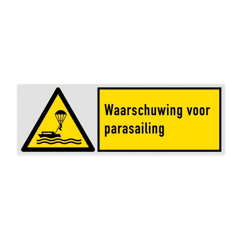 Veiligheidsbord met pictogram en tekst Waarschuwing voor parasailing