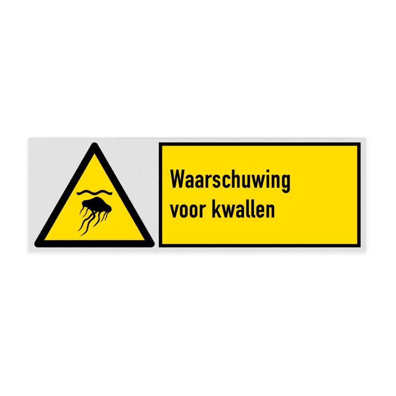 Veiligheidsbord met pictogram en tekst Waarschuwing voor kwallen