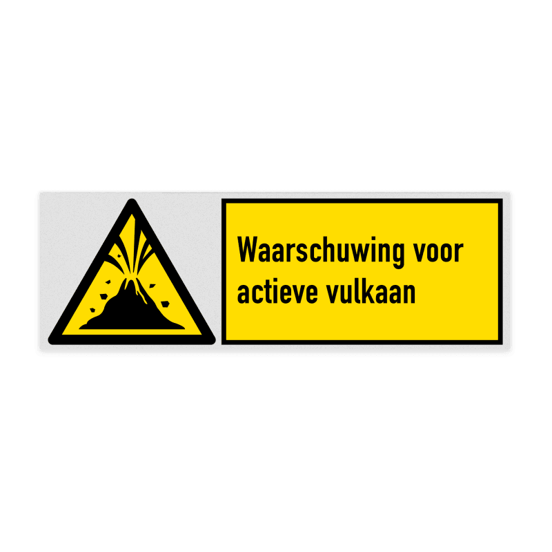 Veiligheidsbord met pictogram en tekst Waarschuwing voor actieve vulkaan